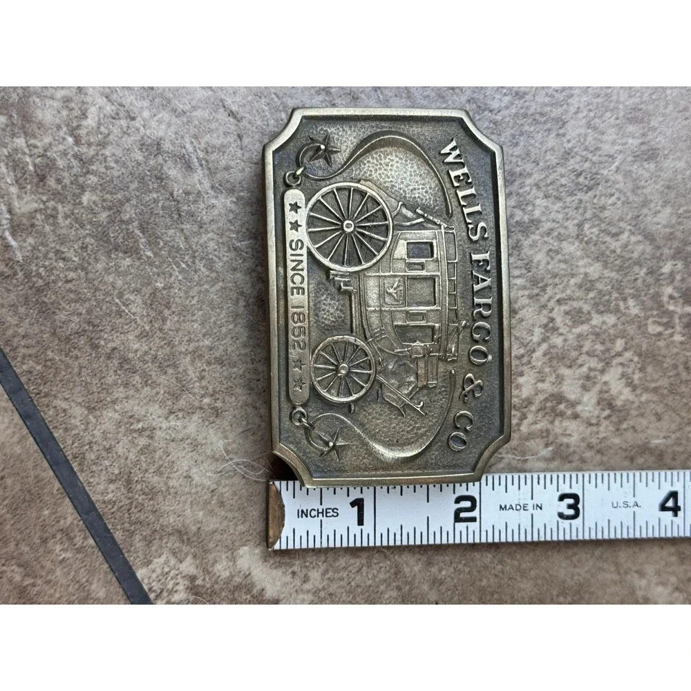 Vintage Wells Fargo & Co Brass Belt Buckle Since 1852 Stage Coach VTG 1973